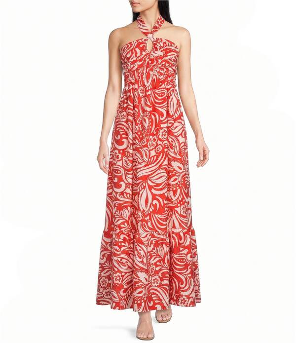 スカイズアブルー レディース トップス ワンピース ティアード プリント ノースリーブ マキシ ホルター Skies Are Blue Printed Halter Neck Sleeveless Tiered Maxi Dress Coral コーラル｜ReVida 店