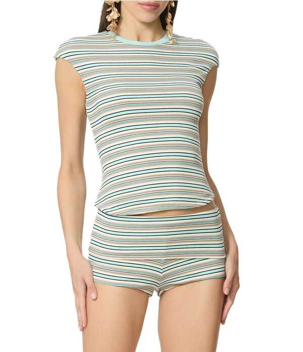 エーエフアールエム レディース トップス ティーシャツ 労働者の一団のど首 肋筋 AFRM Nolan Striped Crew Neck Short Sleeve Ribbed Tee Aqua Stripe アクア