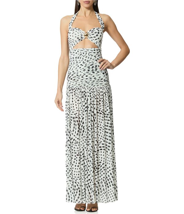 エーエフアールエム レディース トップス 衣装 刷り上げる メッシュ ノースリーブ マキシ ホルター AFRM Blane Hardware Dot Printed Halter Neck Sleeveless Power Mesh Maxi Dress Noir Swirl Dot