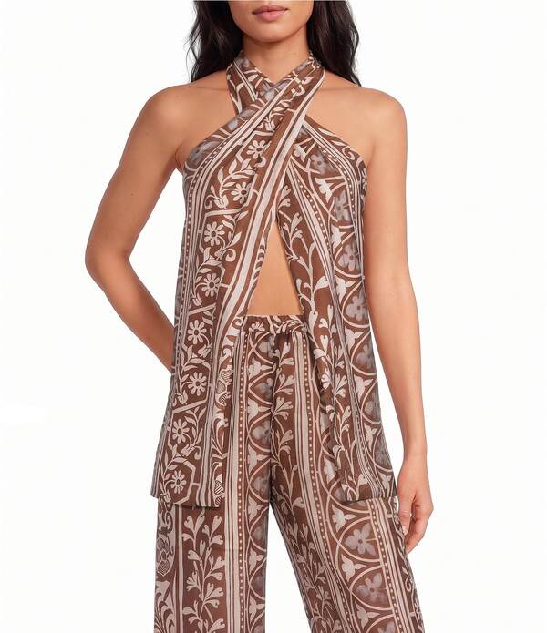 ルーシー光の都市 レディース トップス プルオーバー 刷り上げる ノースリーブ ホルター Lucy Paris Teala Printed Halter Neck Sleeveless Wrap Over Coordinating Top Brown/Cream 皮膚軟化剤