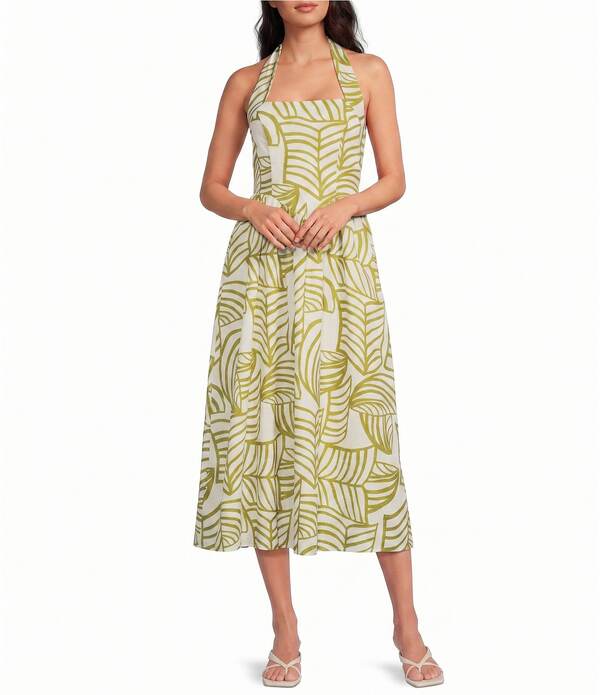 ルーシー光の都市 レディース トップス 衣装 A 生産ライン 刷り上げる MIDI ノースリーブ ホルター Lucy Paris Kacey Printed Halter Neck Sleeveless A-Line Midi Dress Ivory/Papyrus 象牙色