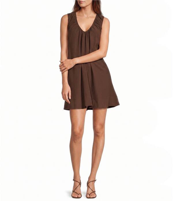 ルーシー光の都市 レディース トップス 衣装 Vのど首 A 生産ライン ミニ ノースリーブ Lucy Paris Rima V-Neck Sleeveless A-Line Mini Dress Brown 赤銅色