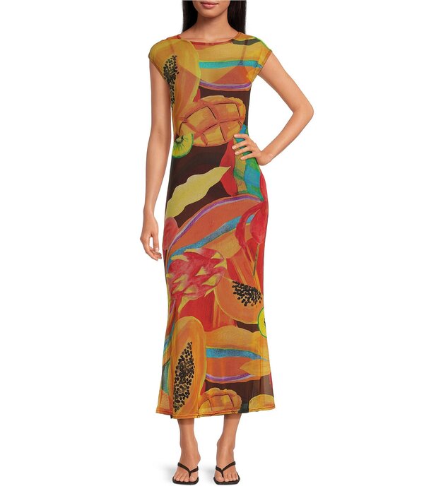 ネバーフリードレスド レディース トップス 衣装 刷り上げる メッシュ MIDI 旗がしら Never Fully Dressed Rio Printed Boat Neck Cap Sleeve Mesh Midi Dress Brown Overflow 赤銅色