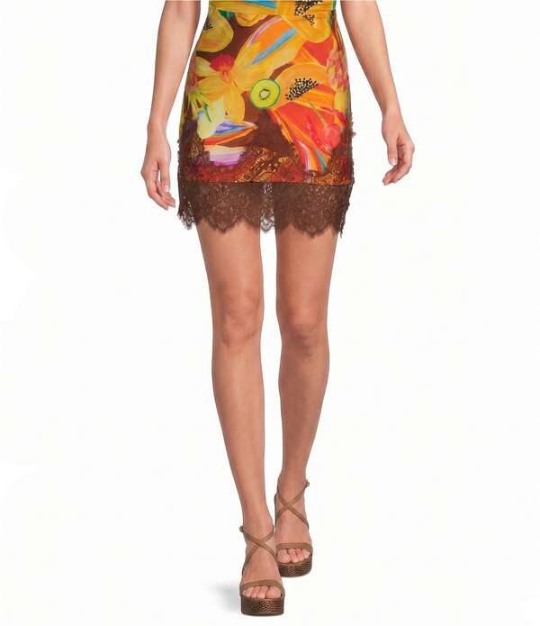 ネバーフリードレスド レディース ボトムスカート プリント ミニ レース Never Fully Dressed Maeva Rio Printed Lace Hem Slip Mini Skirt Brown Overflow ブラウン|ReVida 店