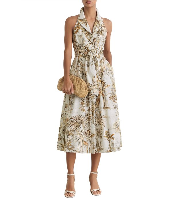 レイス レディース トップス 衣装 刷り上げる MIDI ノースリーブ ホルター Reiss Woven Safari Print Halter Peak Lapel Collar Sleeveless Button-Front Midi Dress Neutral