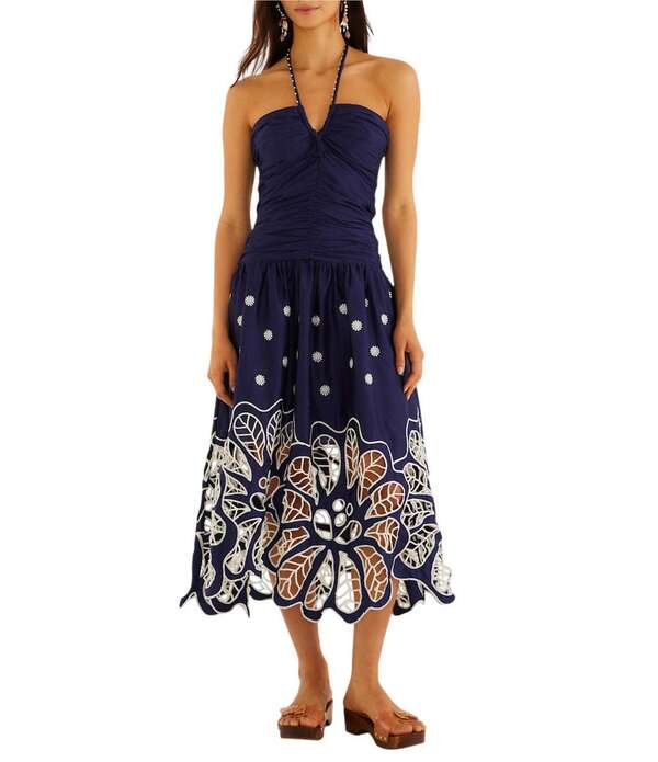 農園 レディース トップス 衣装 カットアウト 御花柄 midi ノースリーブ 刺しゅう 御花 ホルター Farm Rio Navy Bluembroidered Richelieu Halter Sleeveless Floral Cutout Midi Dress Dark Blue 青み