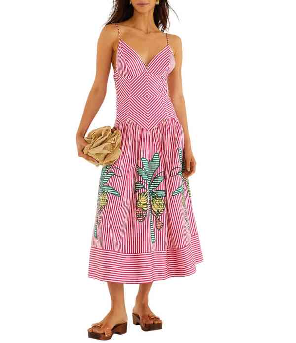 耕園 レディース トップス 衣裳 Vのど首 MIDI ノースリーブ Farm Rio Pink Palm Tree Stripes Cutwork V-Neck Sleeveless Midi Dress Multi マルチ色つや