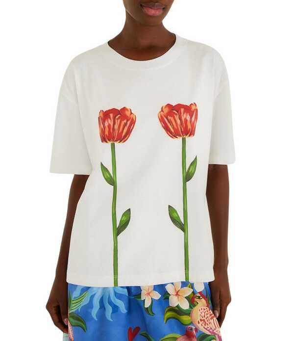 耕園 レディース トップス ティーシャツ 労働者の一団のど首 綿織物 Farm Rio White Tropical Rose Organicotton Crew Neck Short Sleeve Relaxed T-Shirt Off-White 象牙色
