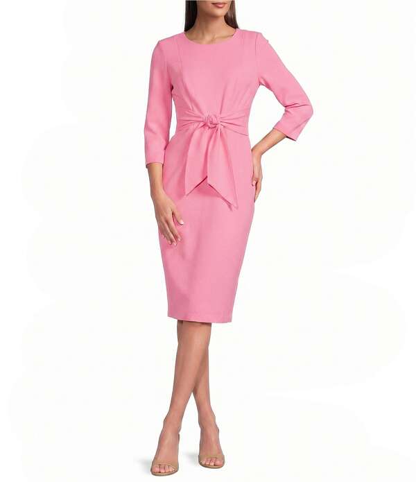 アドリアナ パペル レディース トップス 衣装 クルーネックレープ MIDI Adrianna Papell Stretch Crepe Crew Neck Tie Waist 3/4 Sleeve Midi Sheath Dress cherryblos