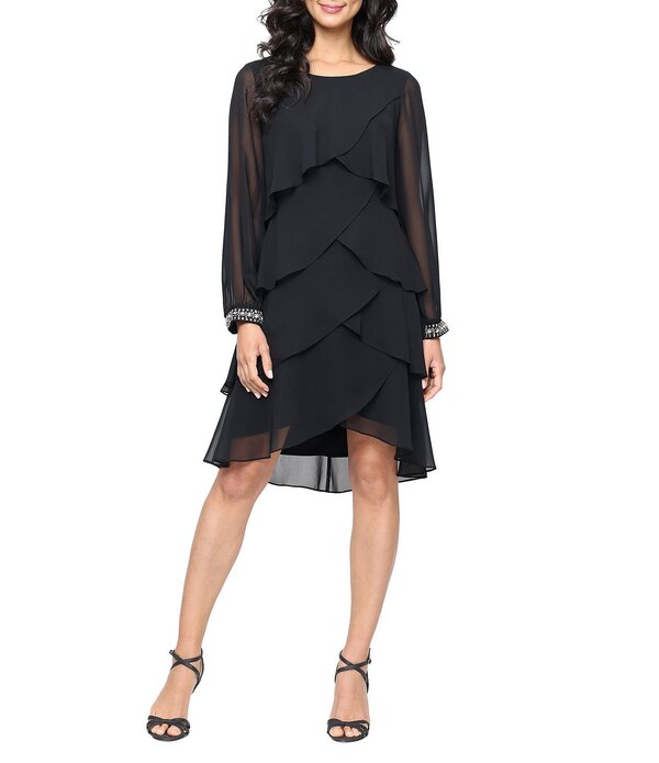 イグナイト レディース トップス 衣装 ティアード シフォン Ignitevenings Chiffon Rhinestone Cuffed Long Sleeve Tieredress Black 黒いこと