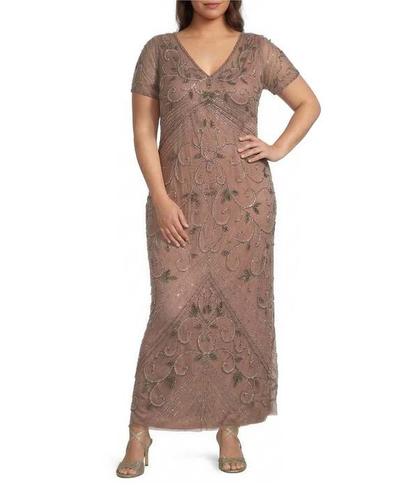 ピサッロナイツ レディース トップス 衣裳 Vのど首 つけ加える大きさ Pisarro Nights Plusize Size V-Neck Short Sleeve Beaded Gown Mauve