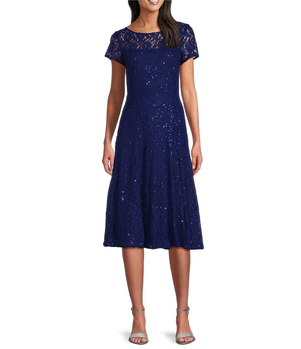 イグナイト レディース トップス 衣装 A 生産ライン プチ MIDI スパンコール 旗がしら スピード競技 Ignitevenings Petite Size Cap Sleeve Scoop Neck Sequin Lace A-Line Midi Dress Iris