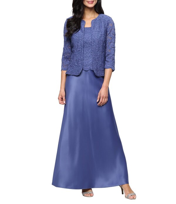 アレックスイブニングス レディース トップス 衣裳 プチ スピード競技 上衣 Alex Evenings Petite Size Scoop Neck 3/4 Sleeve Glitter Lace 2-Piece Jacket Dress Cornflower