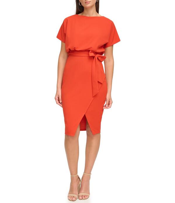 ケンジー レディース トップス 衣装 編み物 Kensie Textured Knit Boat Neck Self-Tie Waist Faux Wrap Blouson Dress Burnt Orange オレンジ色