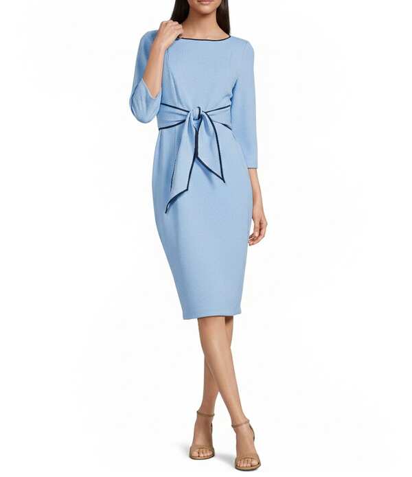 アドリアナ パペル レディース トップス 衣装 縮緬 対比 Adrianna Papell Contrasting Trim Boat Neck 3/4 Sleeve Tie Waist Crepe Sheath Dress Water/Navy 米国海軍