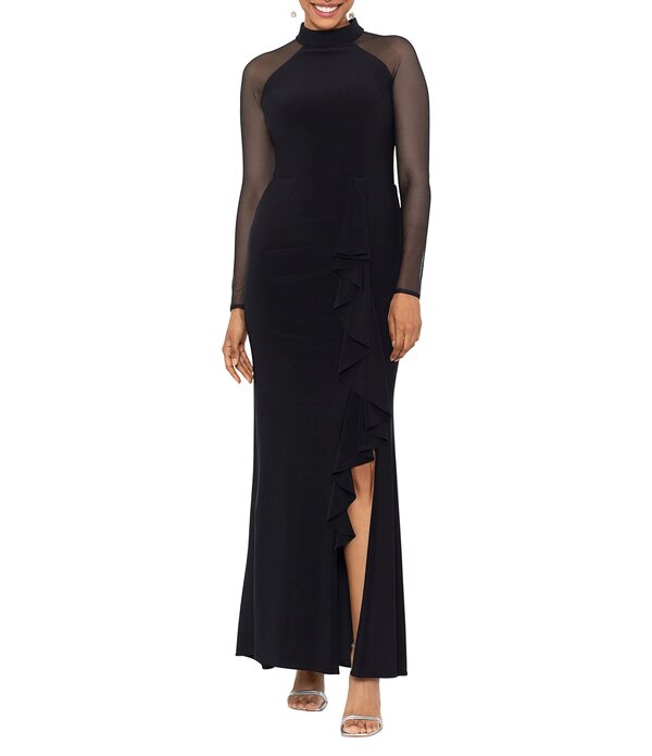 ベッツィアンドアダム レディース トップス 衣裳 モックネックレープ フラウンス メッシュ アクアラング Betsy \u0026 Adamock Neck Illusion Long Sleeve Ruffled Scuba Crepe Mesh Gown Black 黒いこと