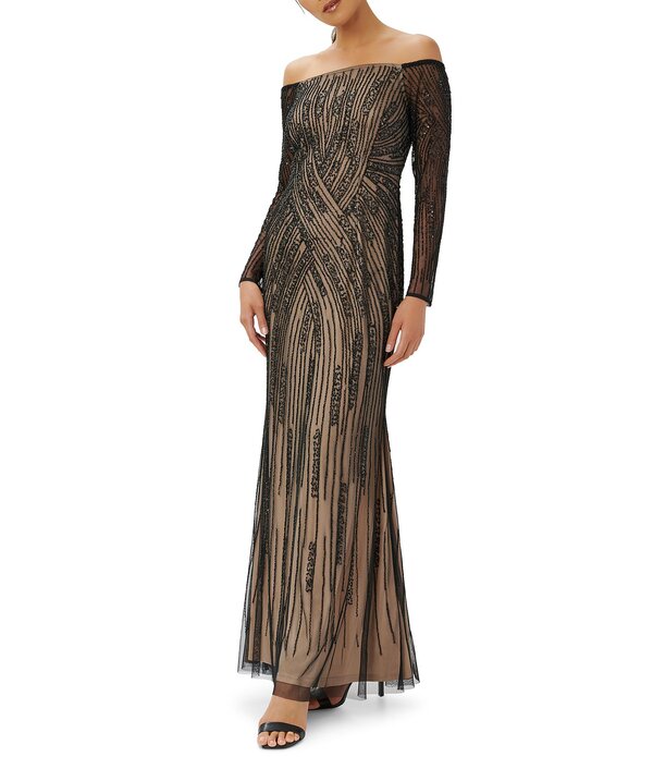アドリアナ パペル レディース トップス 衣裳 メッシュ Adrianna Papell Off-The-Shoulder Long Sleeve Beaded Mesh Gown Sterling