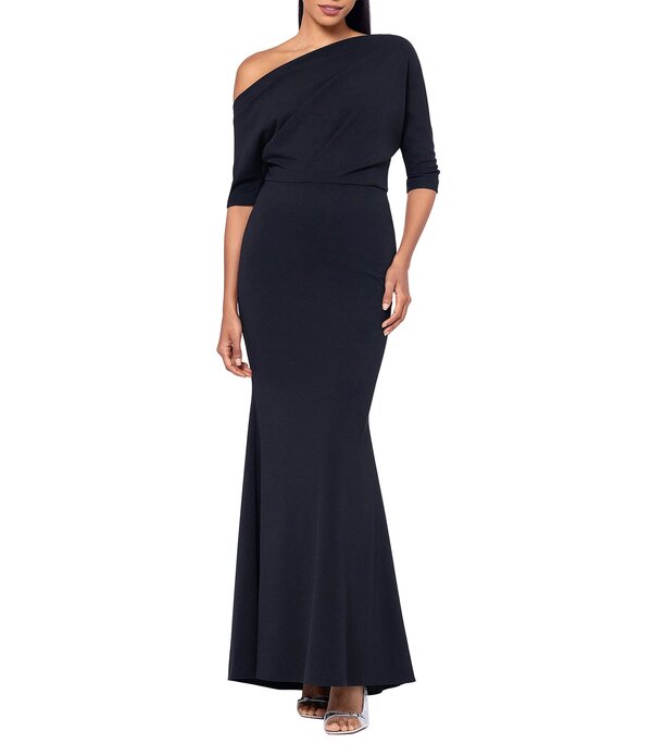 ベッツィアンドアダム レディース トップス 衣裳 縮緬 非対称 アクアラング Betsy \u0026 Adam Scuba Crepe Asymmetric One Shoulder Short Sleeve Mermaid Gown Black 黒いこと