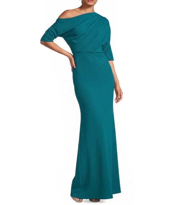 ベッツィアンドアダム レディース トップス 衣裳 縮緬 非対称 アクアラング Betsy \u0026 Adam Scuba Crepe Asymmetric One Shoulder Short Sleeve Mermaid Gown Teal ティール
