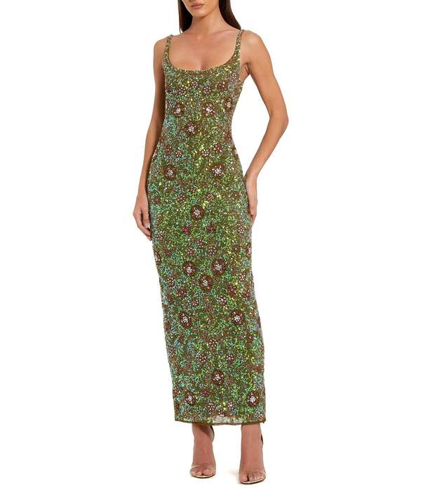 マックダガル レディース トップス 衣装 御花柄 MIDI ノースリーブ 御花 Mac Duggal Floral Beaded Scoop Neck Sleevelessheath Midi Dress Olive オリーブ
