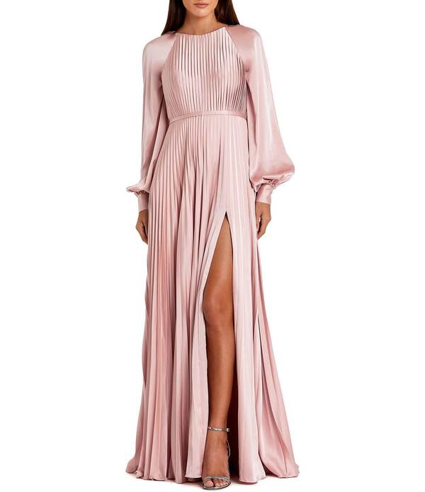 マックダガル レディース トップス 衣装 労働者の一団のど首 筋目 Mac Duggal Crew Neck Long Blouson Cuff Sleeve Pleated High Slit Gown Blush 毛はらい