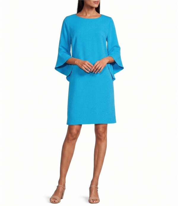 キャロライン さくら色 レディース トップス 衣裳 縮緬 フラウンス Caroline Rose Julia Matte Crepe 3/4 Ruffle Sleeve Shift Round Neck Shift Dress Capri Blue 青碧