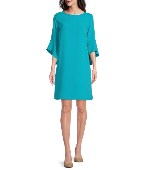 キャロライン さくら色 レディース トップス 衣裳 縮緬 フラウンス Caroline Rose Julia Matte Crepe 3/4 Ruffle Sleeve Shift Round Neck Shift Dress Island Turquoise 青緑色