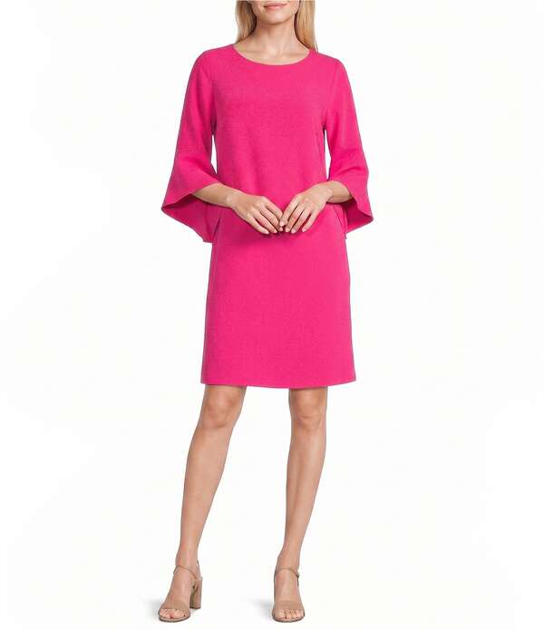 キャロライン さくら色 レディース トップス 衣裳 縮緬 フラウンス Caroline Rose Julia Matte Crepe 3/4 Ruffle Sleeve Shift Round Neck Shift Dress Party Pink さくら色