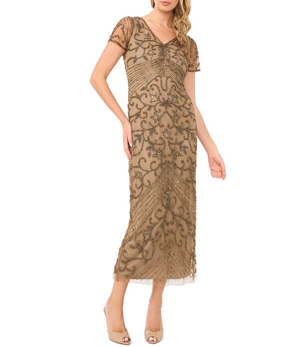 ピサッロナイツ レディース トップス 衣裳 Vのど首 シアー Pisarro Nights V-Neck Short Sheer Sleeve Back Slit Beaded Sheath Dress Oyster