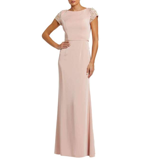 マックダガル レディース トップス 衣装 Mac Duggal Boat Neck Beaded Short Sleeve Column Gown Rose
