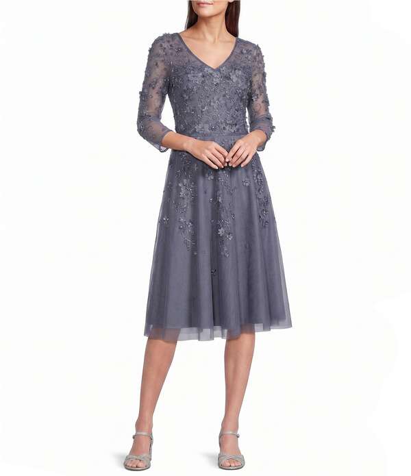 ピサッロナイツ レディース トップス 衣裳 Vのど首 御花柄 プチ メッシュ MIDI 刺しゅう 御花 Pisarro Nights Petite Size V-Neck 3/4 Sleeve Beaded Mesh Floral Embroidered Midi Dresslate スレート