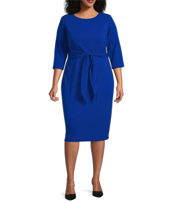 アドリアナ パペル レディース トップス 衣装 粘土足し加える大きさ 編み物 Adrianna Papell Plusize Crepe Knitie Waist 3/4 Sleeve Round Neck Sheath Dress Vilt Cobalt 青緑色