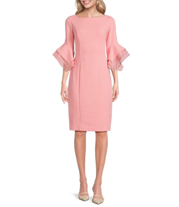 アドリアナ パペル レディース トップス 衣裳 縮緬 Adrianna Papell Stretch Crepe 3/4 Bell Sleeve Boat Neck Sheath Dressoft Coral コーラル