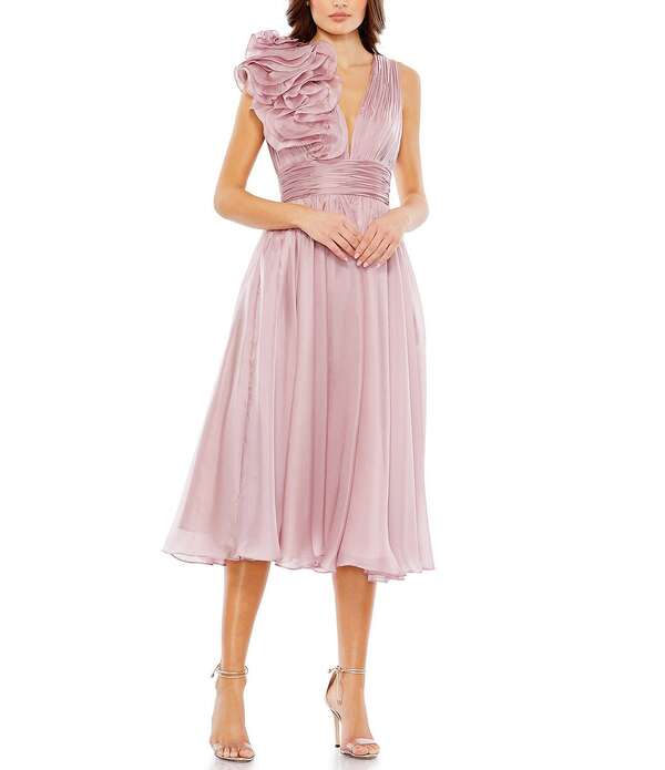 マックダガル レディース トップス 衣装 明けっ広げうしろ側 Vのど首 フラウンス ノースリーブ Mac Duggal Ruffle Shoulder Sleeveless V-Neck Open Back Detail Fit and Flare Dress Rose