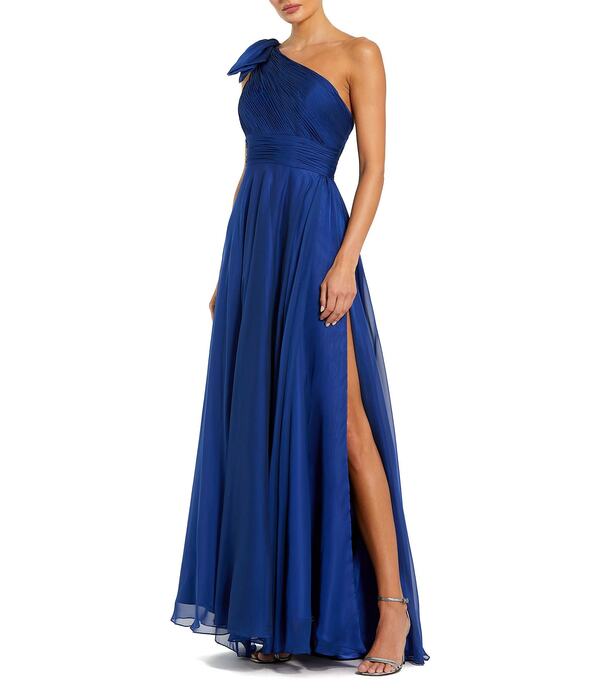 マックダガル レディース トップス 衣装 シフォン 非対称 筋目 フラウンス 旗がしら Mac Duggal Chiffon Pleated Asymmetrical Neck Shoulderuffle Cap Sleeve Thigh Slit Gown Cobalt 青緑色