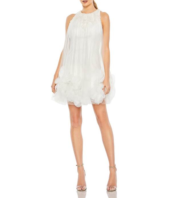 マックダガル レディース トップス 衣装 フラウンス ミニ ノースリーブ 刺しゅう ホルター Mac Duggal Embroidered Halter Neck Sleeveless Ruffled Hem Trapeze Mini Dress White 白いこと