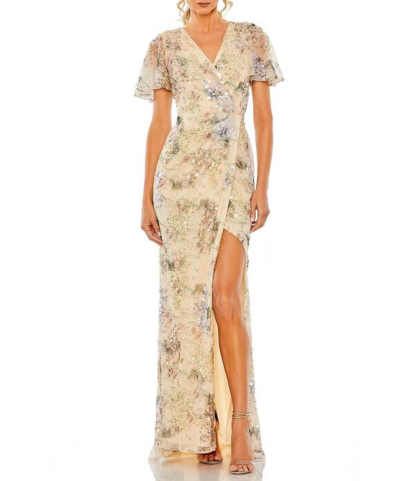 マックダガル レディース トップス 衣装 御花柄 スパンコール 御花 Mac Duggal Floral Sequin Short Butterfly Sleeve Faux Wrap Thigh Slit Gown Champagne 三鞭酒