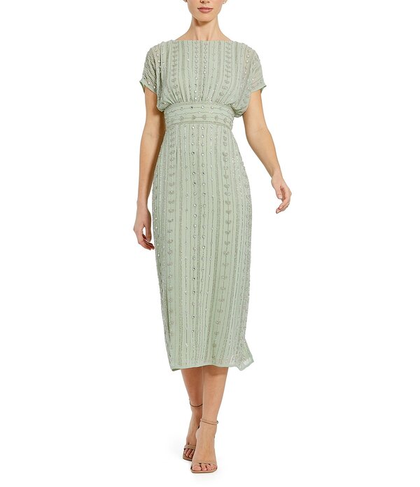マックダガル レディース トップス 衣装 シフォン MIDI Mac Duggal Beaded Chiffon Short Sleeve Boat Neck Sheath Midi Dressage サルヴィア