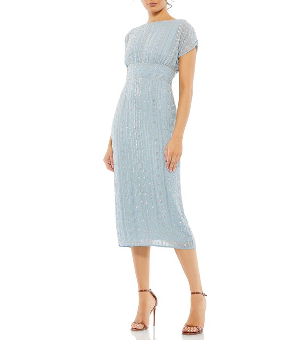マックダガル レディース トップス 衣装 シフォン MIDI Mac Duggal Beaded Chiffon Short Sleeve Boat Neck Sheath Midi Dresslate Blue スレート