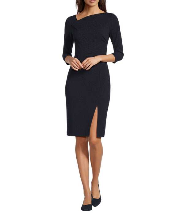 カルバンクライン レディース トップス 衣裳 非対称 向こう正面細長い切口 Calvin Klein Asymmetric Fold Over Neck Front Slit 3/4 Sleeve Sheath Dress Indigo インディゴ