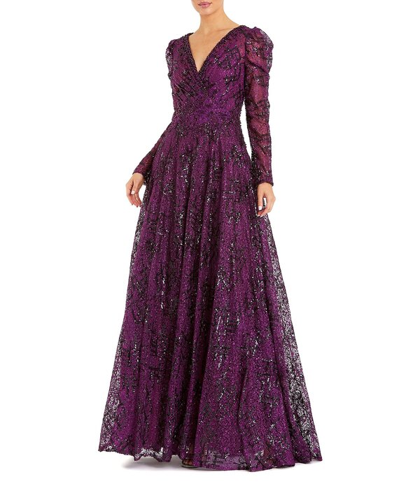 マックダガル レディース トップス 衣装 A 生産ライン Mac Duggal Beaded V-Neckline Long Puff Sleeve A-Line Gown Plum 酸桃