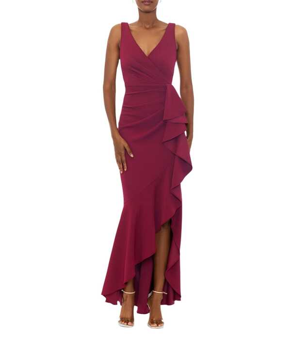ベッツィアンドアダム レディース トップス 衣裳 Vのど首 フラウンス ノースリーブ Betsy \u0026 Adam Sleeveless V-Neck Spiral Ruffle Cascade Gown Bordeaux