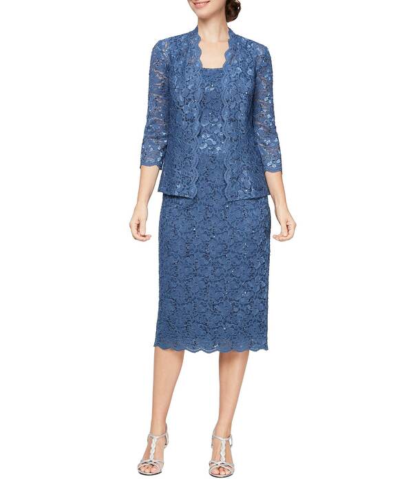 イグナイト レディース トップス 衣装 MIDI スパンコール スピード競技 上衣 Ignitevenings 3/4 Sleeve Square Neck Sequin Lace 2-Piece Jacket Midi Dress Wedgewood