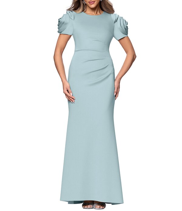 逃げ失せる レディース トップス 衣裳 ギャザー Xscape Rosette Short Sleeve Ruched Back Sheath Gown Sage サルヴィア