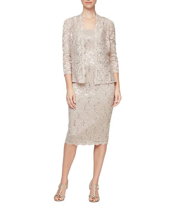 イグナイト レディース トップス 衣装 プチ スパンコール スピード競技 上衣 Ignitevenings Petite Size 3/4 Sleeve Square Neck Sequin Lace 2-Piece Jacket Dress Champagne 三鞭酒
