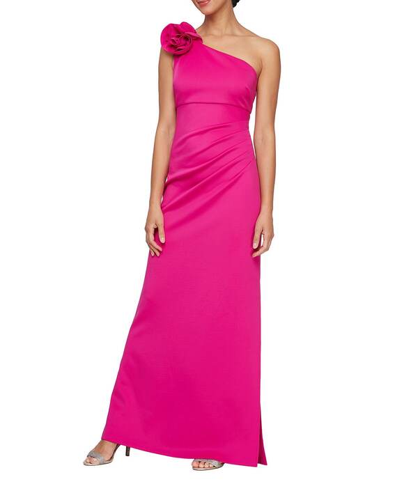 イグナイト レディース トップス 衣装 プチ ギャザー Ignitevenings Petite Size One Shoulder Flower Detail Ruched Waist Long Sheath Dress Fuchsia フューシャ