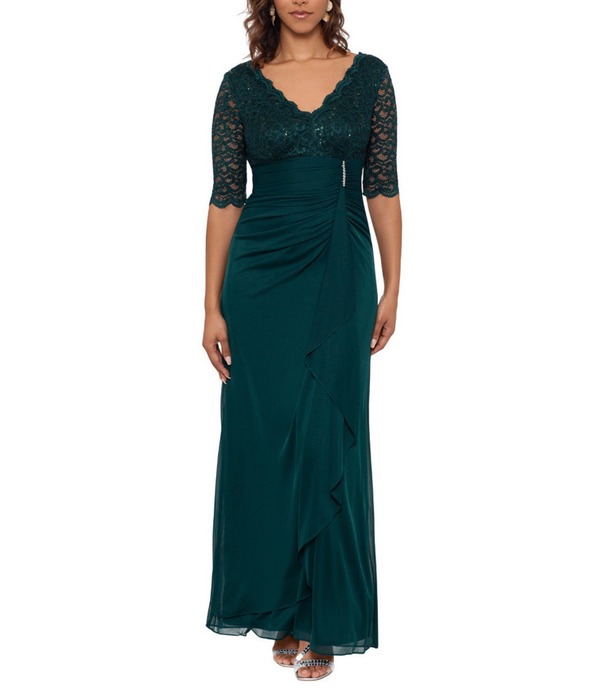 ベッツィアンドアダム レディース トップス 衣裳 Vのど首 スパンコール スピード競技 Betsy \u0026 Adam Sequin Lace V-Neck 3/4 Sleeve Gown Pine