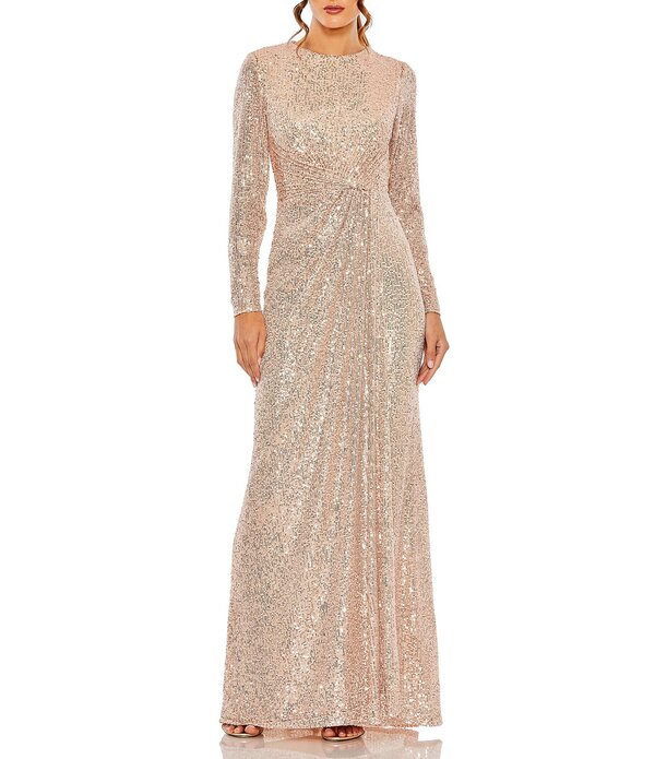 マックダガル レディース トップス ワンピースパンコール Mac Duggal Sequined Long Sleeve Side Knot Gown Rose Gold ゴールド