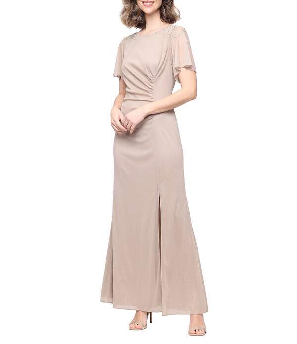 イグナイト レディース トップス 衣装 向こう正面細長い切口 プルオーバー Igniteveningshort Sleeve Round Neck Front Slit Glitter Jersey Dress Champagne 三鞭酒