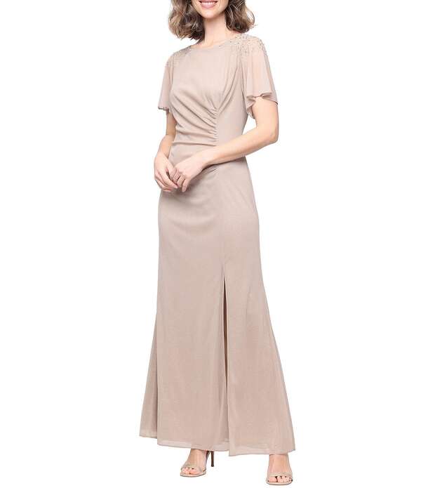 イグナイト レディース トップス 衣装 向こう正面細長い切口 プチ プルオーバー Ignitevenings Petite Size Short Sleeve Boat Neck Front Slit Glitter Jersey Dress Champagne 三鞭酒
